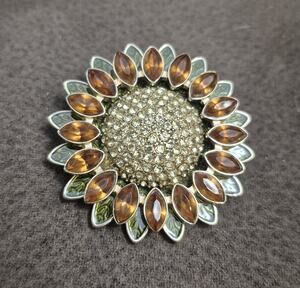 Signed Napier Sunflower Brooch Amber Rhinestones Green Enamel Gold Tone Pin